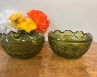 Indiana Glass Avocado Green Quilted Bowls Vintage Textured Diamond Star Pattern