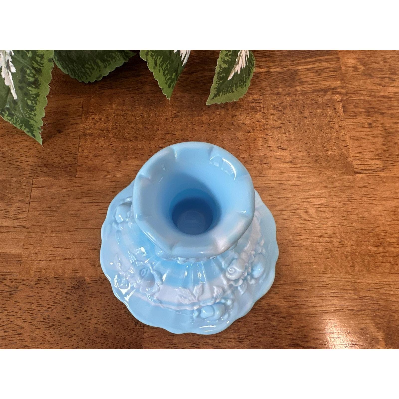 Vintage Blue White Slag Glass Candle Holder Cabbage Rose Ruffled