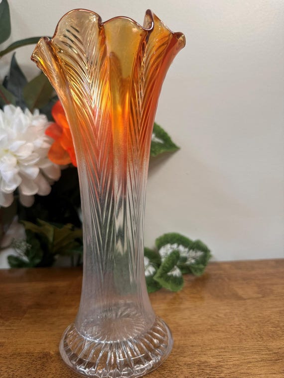 花瓶・フラワースタンド Fenton Carnival Glass Marigold Vase Fenton Swung Vase Marigold Carnival Glass Clear Base Vintage Art