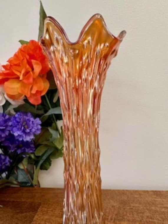 Vintage Fenton April Showers Marigold Carnival Glass Vase Ruffled