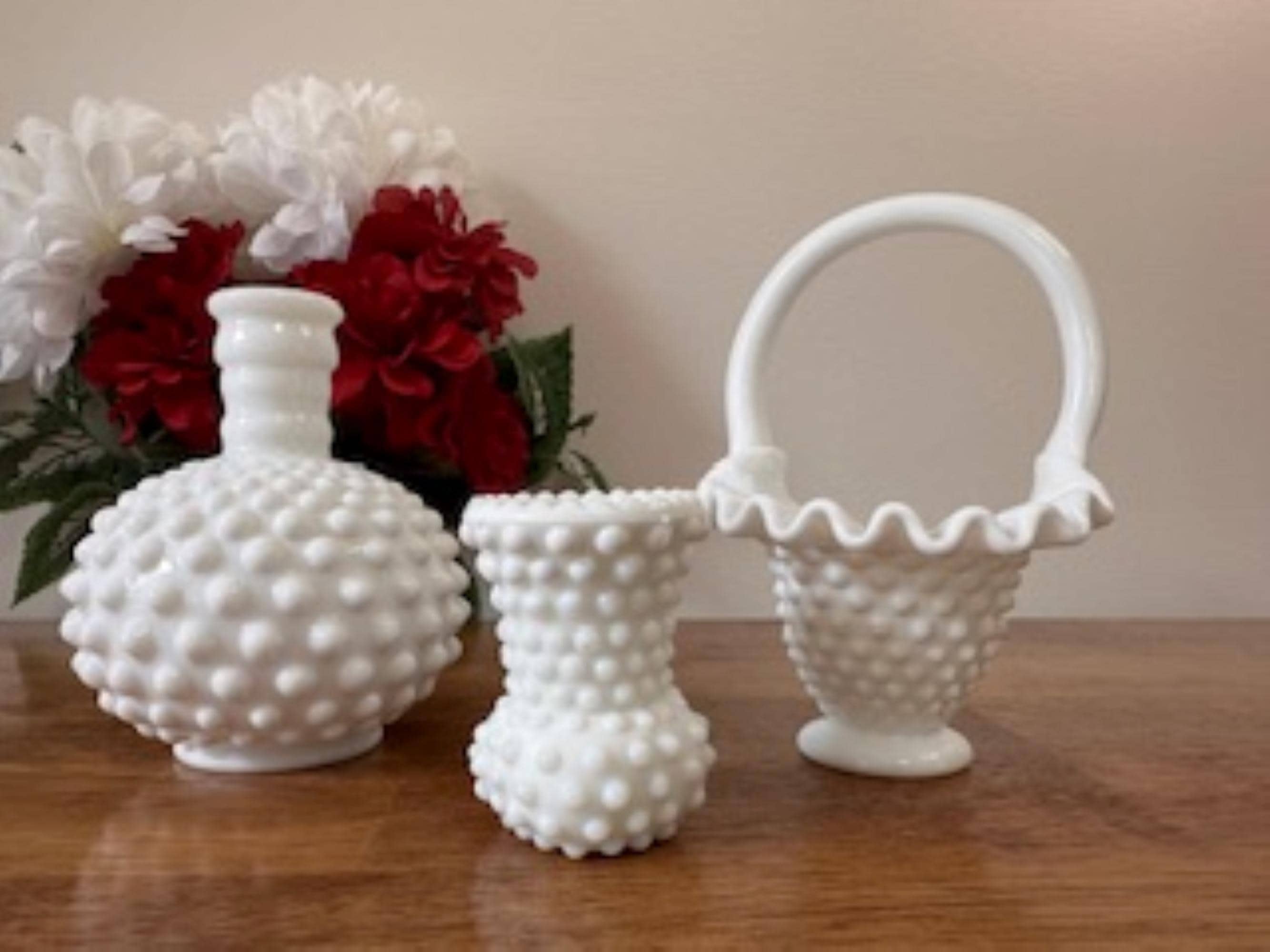 Hobnail Milk Glass Basket Jar and Vase Set Vintage Mid Century White Glass Decor
