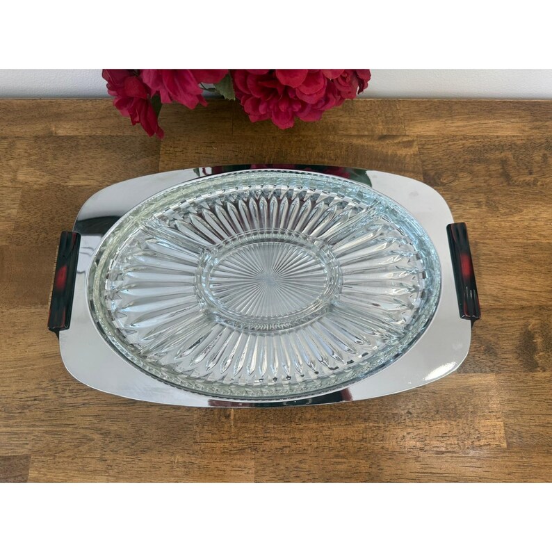 Vintage Gourmates Glo-Hill Canada Atomic Tray Chrome Platter Ruby Handles MCM image 4