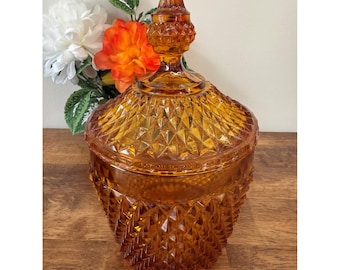 Vintage Amber Diamond Point Glass Apothecary Jar Lid Retro MCM Storage Canister