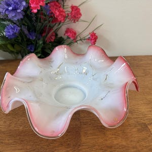 Victorian Ruffled Edge Bride’s Bowl White and Cranberry Opalescent Glass Hand Painted Enamel