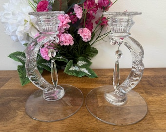 Cambridge Chantilly Martha Crystal Candle Holders Pair Art Deco Etched Prisms