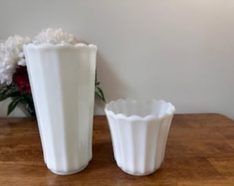 Vintage Milk Glass Vase and Planter Set – Scalloped Edge White Ribbed Pedestal Style