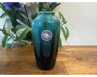 Vintage Blue Mountain Keramikvas Grön Droppglasyr Kanada MCM Dekor
