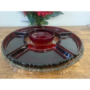 Vintage Anchor Hocking Ruby Red Divided Dip Dip Dip Set MCM Glass