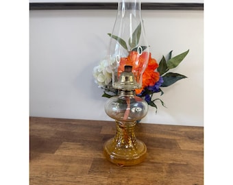 Vintage Amber Hobnail Glass Oil Lamp UV Reactive Pink Glow Hurricane Lamp Decor