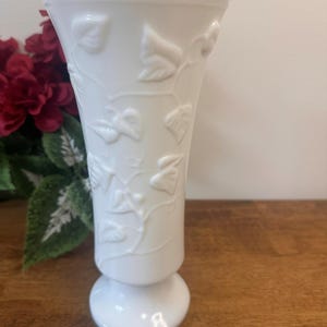 Vintage Milk Glass Pedestal Vase with Embossed Ivy Leaf Design White Floral Vase