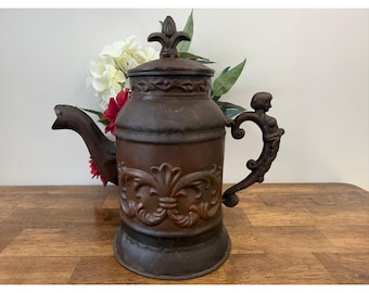 Large Vintage Metal Watering Can Fleur de Lis Mermaid Handle Gothic Garden Decor