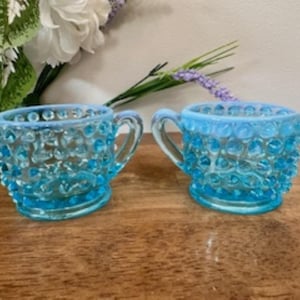 Vintage Blue Opalescent Hobnail Cream and Sugar Set – Fenton Style Depression Glass
