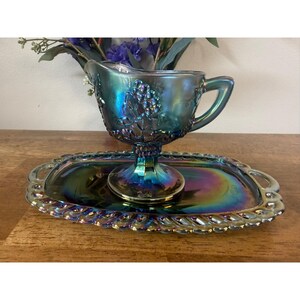Indiana Glass Harvest Grape Carnival Glass Creamer Tray Blue Iridescent Vintage
