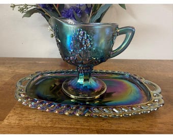 Indiana Glass Harvest Grape Carnival Glass Creamer Tray Blue Iridescent Vintage