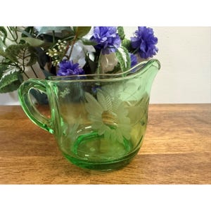 Vintage Green Glass Creamer Etched Floral Pitcher  Depression Era Kitchenware
