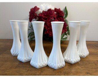 Jarrones de vidrio opalino vintage Hoosier Glass con diseño de diamante, color blanco, para bodas y decoración MCM.