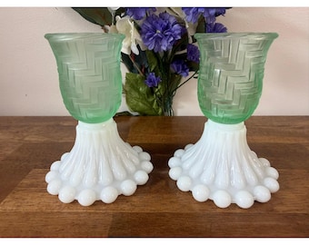 Vintage Green Satin Glass Candle Holders Milk Glass Hobnail Base Basket Weave