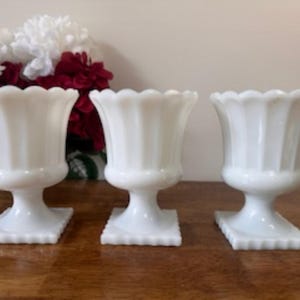 Vintage Milk Glass Pedestal Vases Set of 3 – Scalloped Edge Fluted Ribbed Base Urn Style Wedding Decor