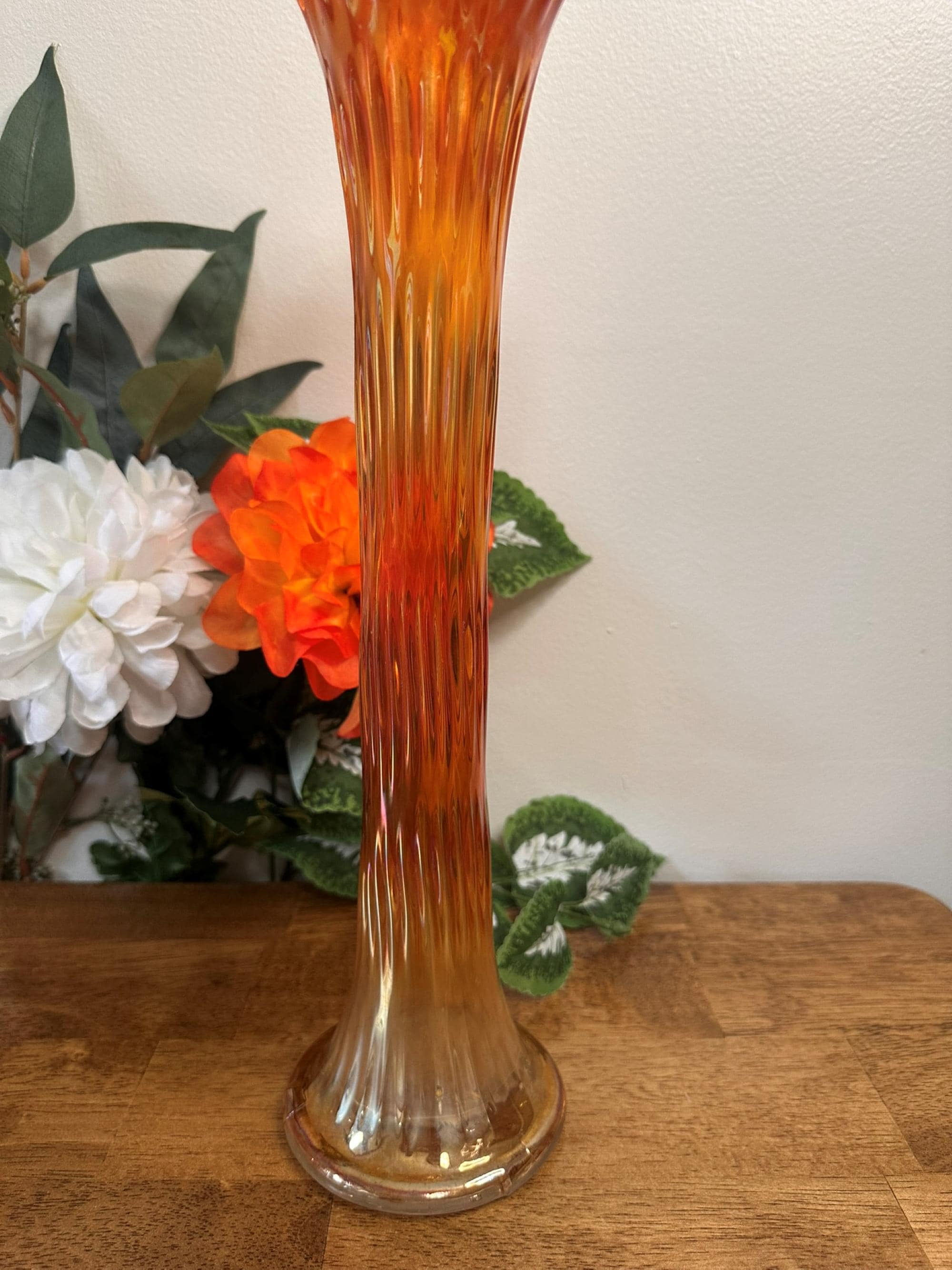 Fenton Rustic Marigold Carnival Glass Vase Candy Ribbon Edge Large