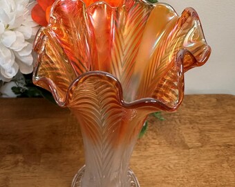 Fenton Swung Vase Marigold Carnival Glass Clear Base Vintage Art