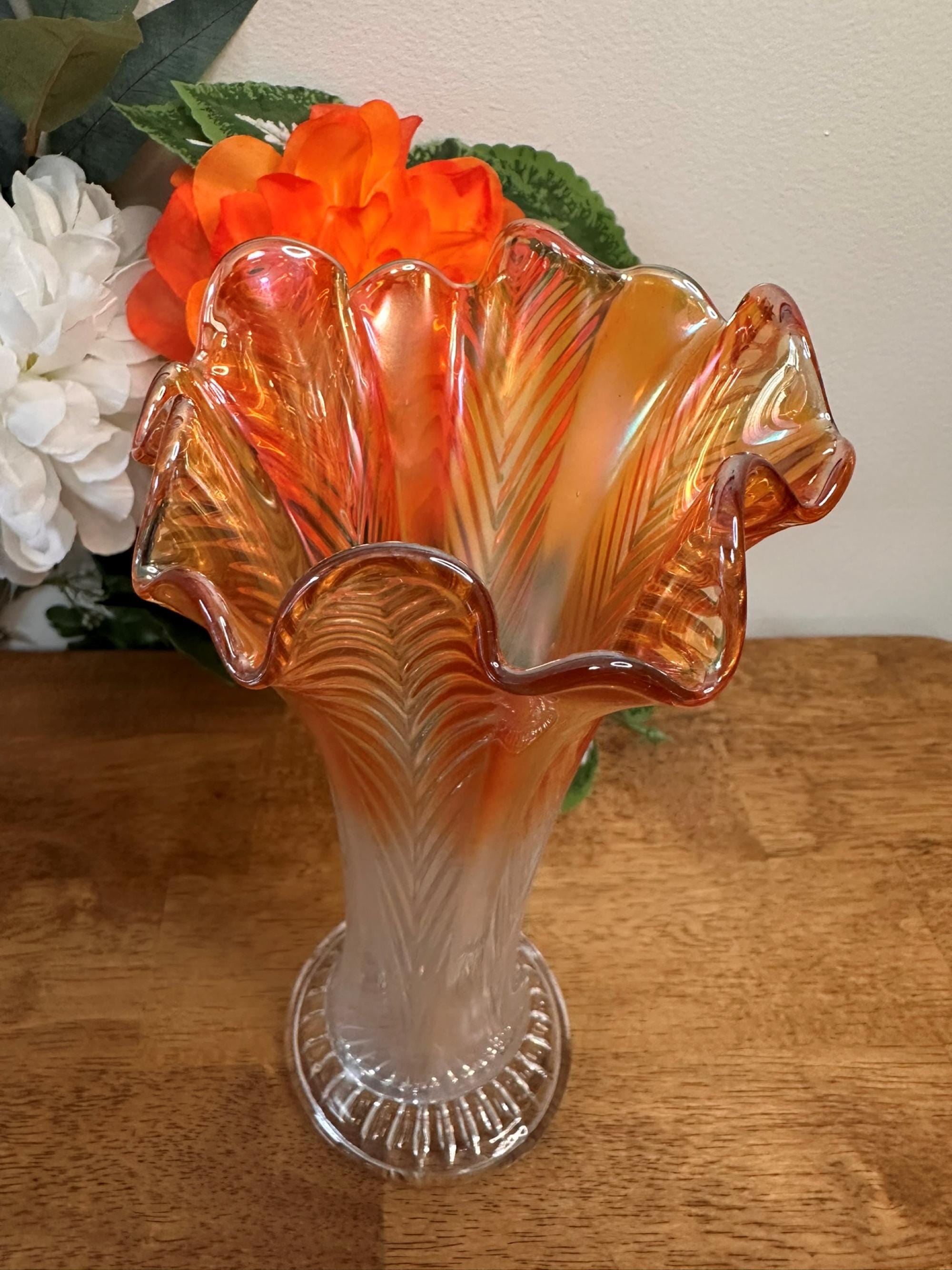 Fenton Swung Vase Marigold Carnival Glass Clear Base Vintage Art