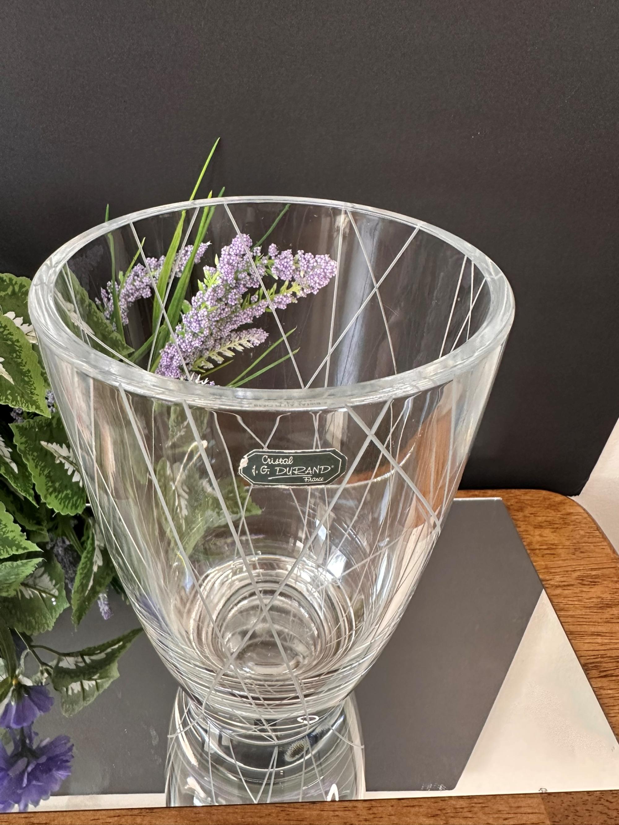 Cristal J.G. Durand France Cut Crystal Vase Criss-cross Etched