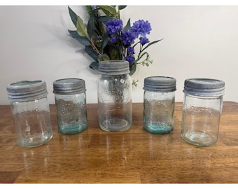 Zestaw słoików Vintage Crown Mason Jar z niebiesko-zielonym szkłem i cynkowymi pokrywkami, kanadyjskie słoiki do przetworów