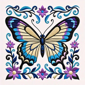 May include: A detailed embroidered butterfly design with cream, blue, purple, and black accents. The butterfly is centered within a square frame of floral and scroll elements in complementary colors. The design is suitable for various craft projects.