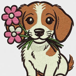 May include: An embroidered image of a seated puppy with brown and white fur, holding pink flowers in its mouth. The puppy has large, dark eyes and a friendly expression. The flowers have green stems and leaves. The image is on a white background.