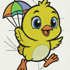 Peut inclure: Illustration d'un poussin jaune souriant, aux grands yeux bleus et au bec orange, tenant un parachute multicolore. Le poussin semble sauter ou flotter, créant une image joyeuse et enfantine.