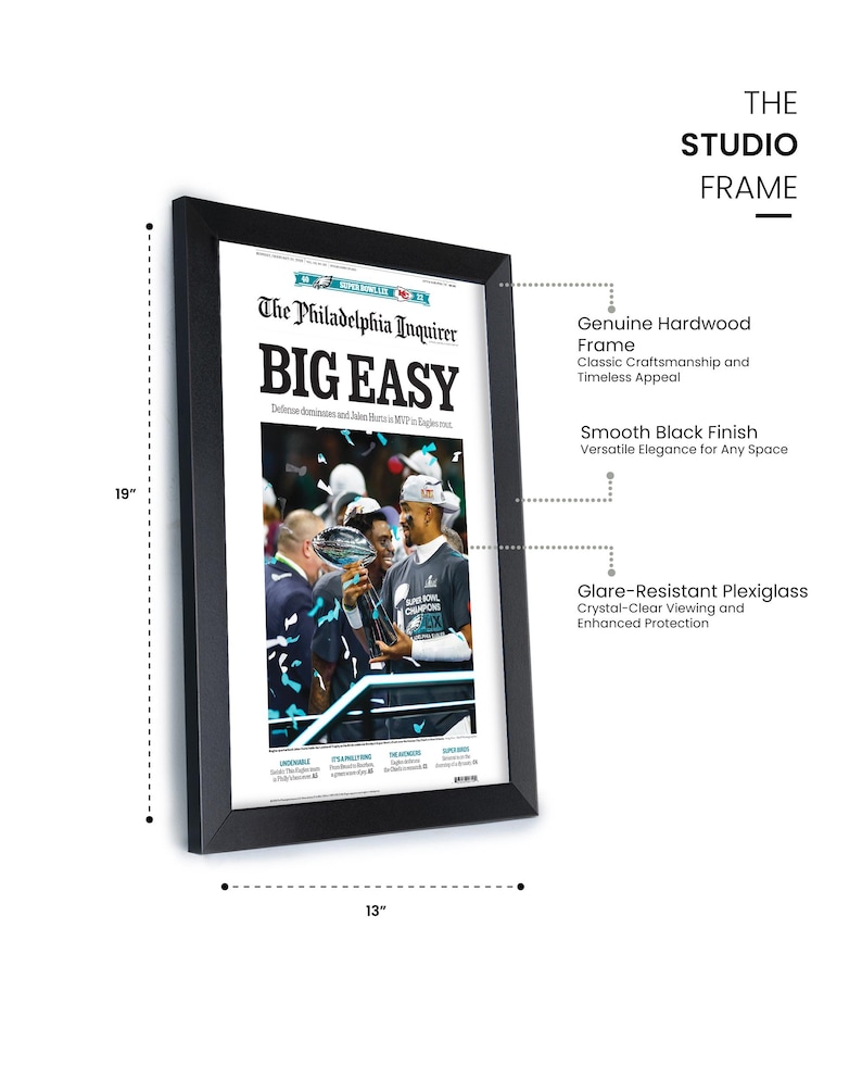 May include: A black framed print of a newspaper article from The Philadelphia Inquirer with the headline "BIG EASY". The article is about the Philadelphia Eagles winning the Super Bowl. The frame is 19 inches tall and 13 inches wide.