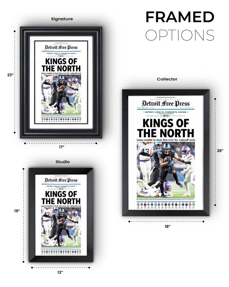 Pu&ograve; includere: Una stampa di giornale incorniciata del Detroit Free Press con il titolo "Kings of the North" e una foto di una partita di football americano. La stampa &egrave; disponibile in tre dimensioni: 33x48 cm, 43x58 cm e 46x66 cm.