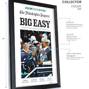 May include: A black framed print of a newspaper article from The Philadelphia Inquirer with the headline "BIG EASY" and a photo of the Philadelphia Eagles celebrating their Super Bowl victory. The article text reads "Defense dominates and Jalen Hurts is MVP in Eagles rout."