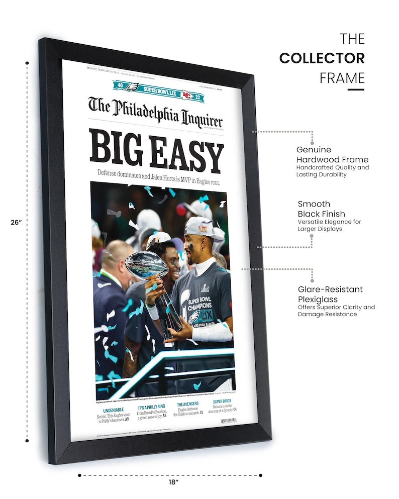 May include: A black framed print of a newspaper article from The Philadelphia Inquirer with the headline "BIG EASY" and a photo of the Philadelphia Eagles celebrating their Super Bowl victory. The article text reads "Defense dominates and Jalen Hurts is MVP in Eagles rout."