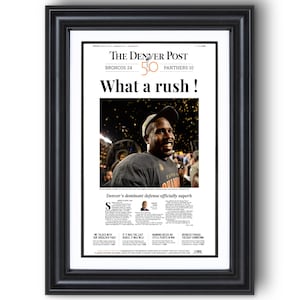 2016 Denver Broncos “What a Rush!” Super Bowl 50 Championship Framed Newspaper Print