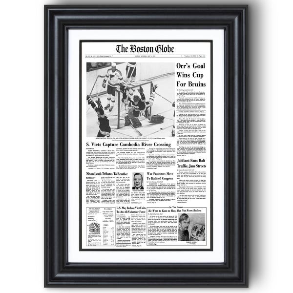 Periódico histórico enmarcado de primera plana de los campeones de la Copa Stanley de los Boston Bruins de 1970