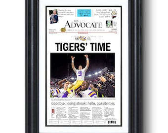 2019 Louisiana Football “TIGERS TIME” Historic Alabama Victory Framed Newspaper