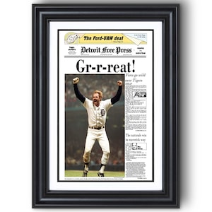 1984 Detroit Tigers “G-r-r-reat!” World Series Champions Framed Newspaper Print