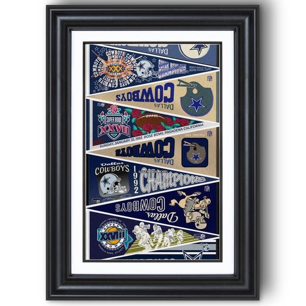 Lámina de la colección "Banderas consecutivas" de los Dallas Cowboys de los años 90: arte clásico de pared de fútbol americano.