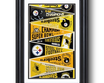 May include: Framed art print featuring Pittsburgh Steelers pennants. The black frame surrounds a design with the team's logo, Super Bowl wins, and the words "Steelers" and "Champions" in black, gold, and white. The print is vintage style.