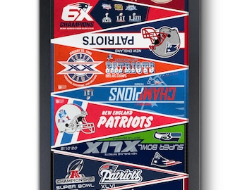 May include: Framed print featuring a collection of New England Patriots championship banners. The banners display team logos, Super Bowl dates, and the text "Champions." The color scheme includes red, white, blue, and silver.