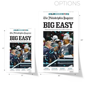 May include: A newspaper front page from The Philadelphia Inquirer with the headline "BIG EASY" and a photo of Jalen Hurts holding the Super Bowl trophy. The text "Defense dominates and Jalen Hurts is MVP in Eagles rout." is below the headline.