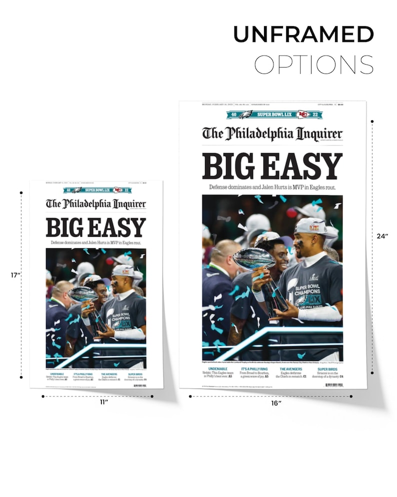 May include: A newspaper front page from The Philadelphia Inquirer with the headline "BIG EASY" and a photo of Jalen Hurts holding the Super Bowl trophy. The text "Defense dominates and Jalen Hurts is MVP in Eagles rout." is below the headline.
