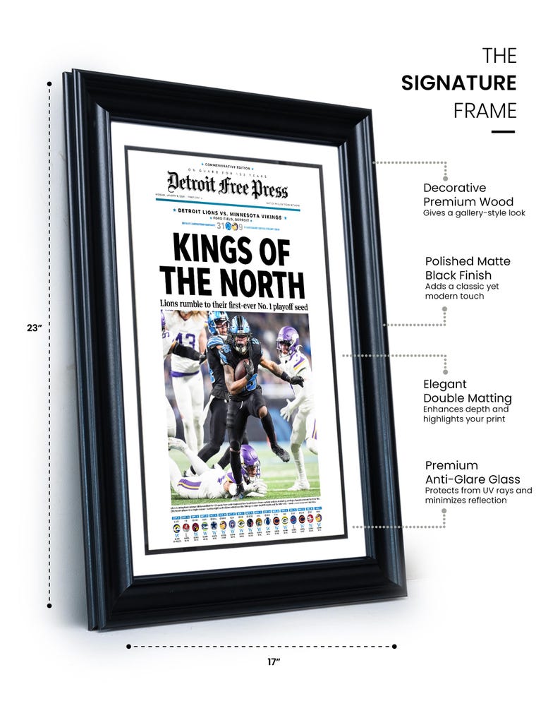 Pu&ograve; includere: Una stampa incorniciata in nero di un titolo del giornale Detroit Free Press che recita "Kings of the North". Il titolo riguarda la squadra di football americano dei Detroit Lions. La stampa misura 58,4 cm di altezza e 43,2 cm di larghezza.