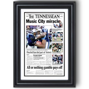 2000 Tennessee Titans &quot;Music City Miracle&quot; AFC Wild Card Win Framed Newspaper Print