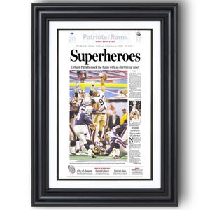 2002 New England Patriots Super Bowl Winners “Superheroes” Framed Newspaper