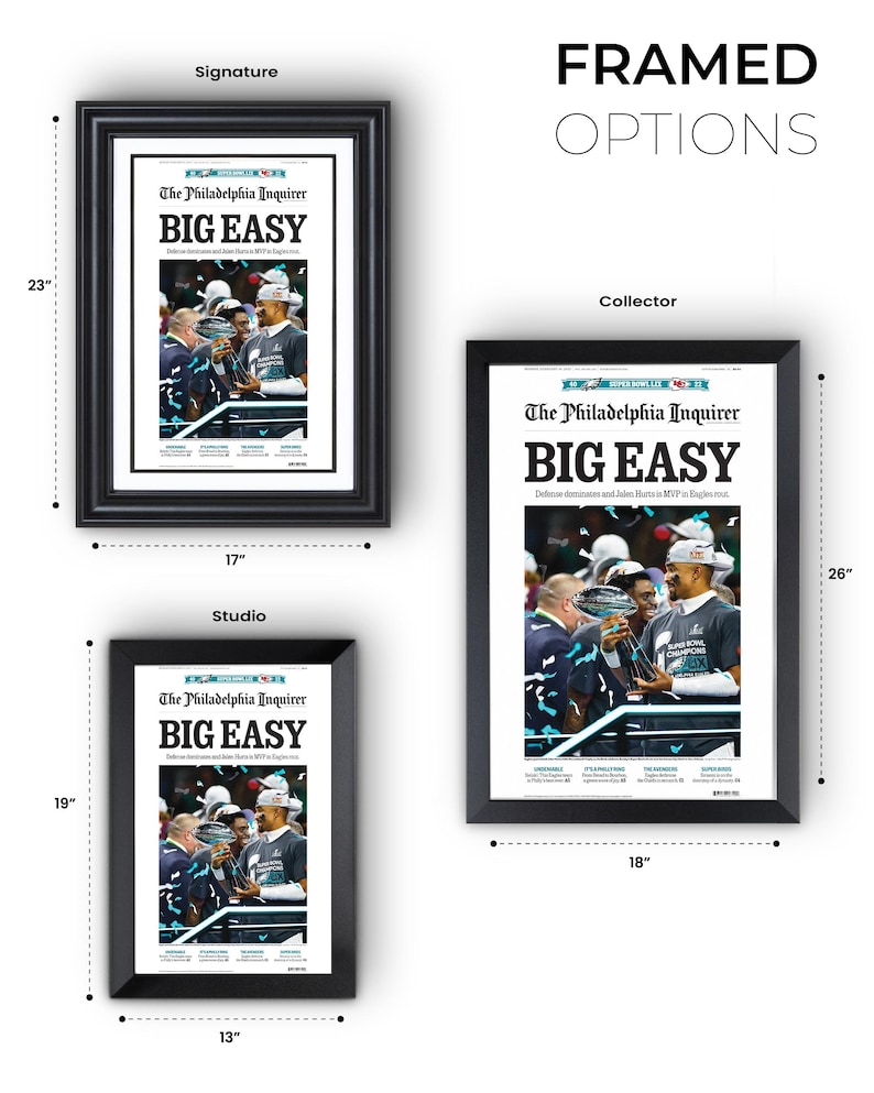 May include: Three framed newspaper prints of the Philadelphia Inquirer's Super Bowl LVII coverage. The headline reads "BIG EASY". The prints are available in three sizes: 13" x 19", 17" x 23", and 18" x 26".