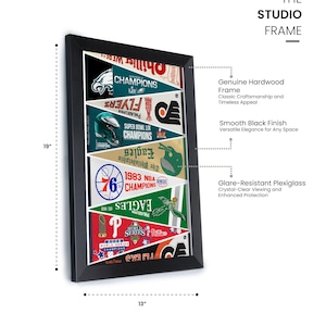 May include: A framed collage of sports pennants, featuring team logos and championship years. The black frame measures 19 inches high and 13 inches wide. The frame includes a glare-resistant plexiglass and a smooth black finish.