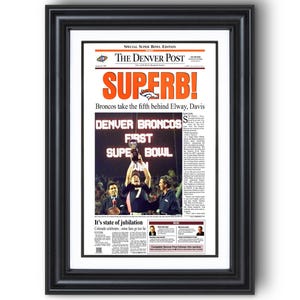 1998 Denver Broncos &quot;SUPERB!&quot; Super Bowl Champions Framed Collectible Newspaper Print