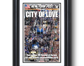Periódico enmarcado del desfile del campeonato de los New York Knicks de 2026, "Ciudad del Amor".